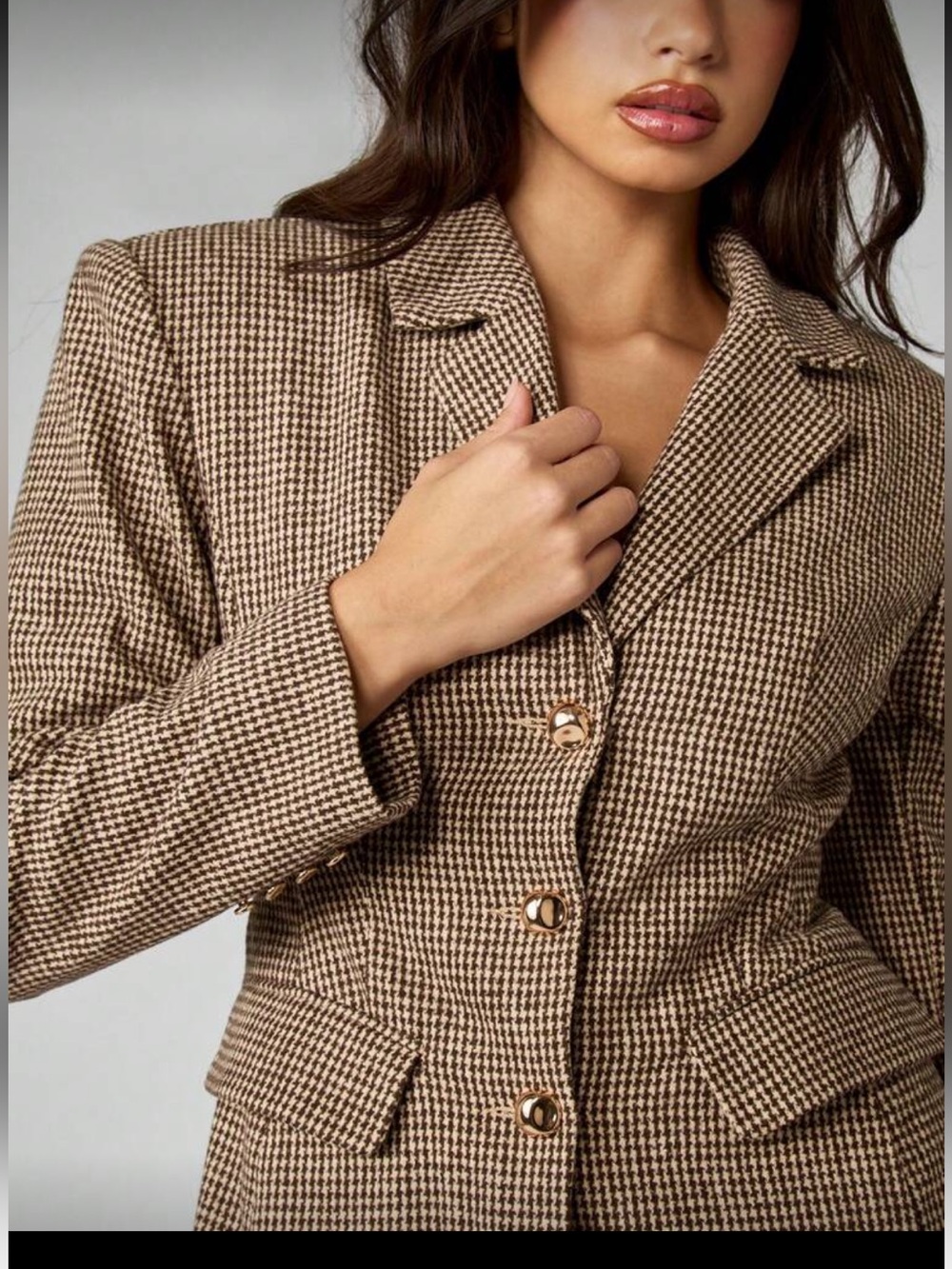 Shoulder padded thick fully lined Tailored cinch waist brown Houndstooth Blazer - Picture 6 of 6